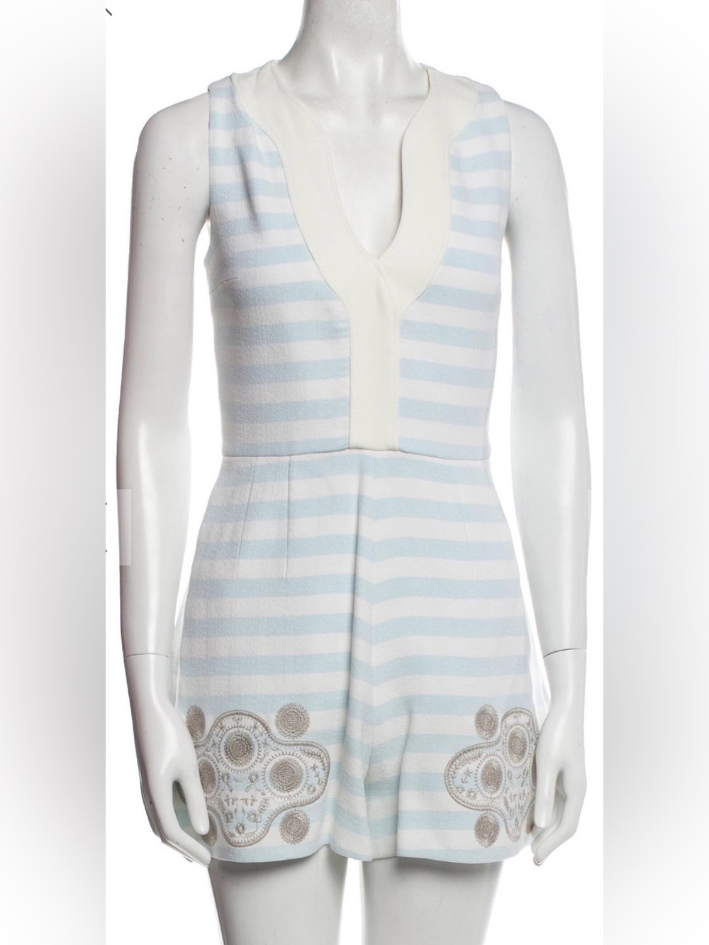 Peter Pilotto Blue Striped V-Neck Romper with Embroidered Hem